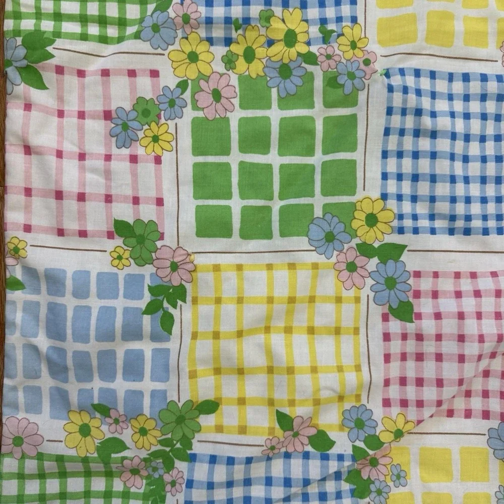 Vintage Quilt Blanket 65x45 Floral Gingham Patchwork Tied Pastel Nursery Retro